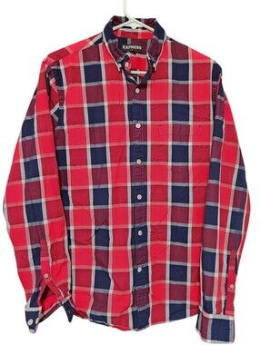 Express Men's Plaid Button Down Shirt Red Blue Long Sleeve Pocket Medium Flannel